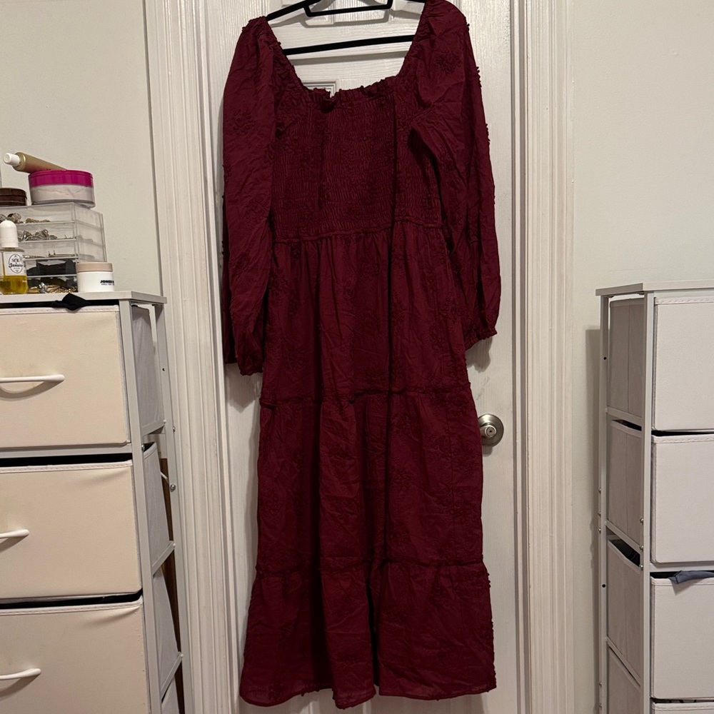 Burgundy textured layered dress with smocked bust